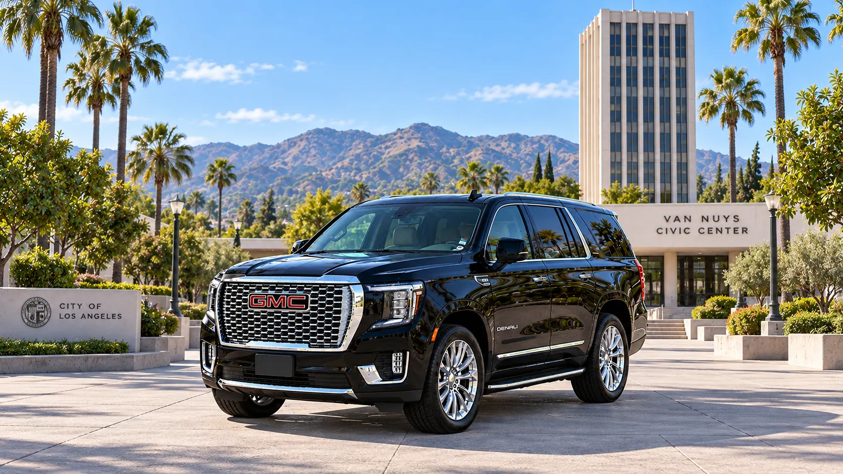 Illustration of a black SUV in a Van Nuys destination scene