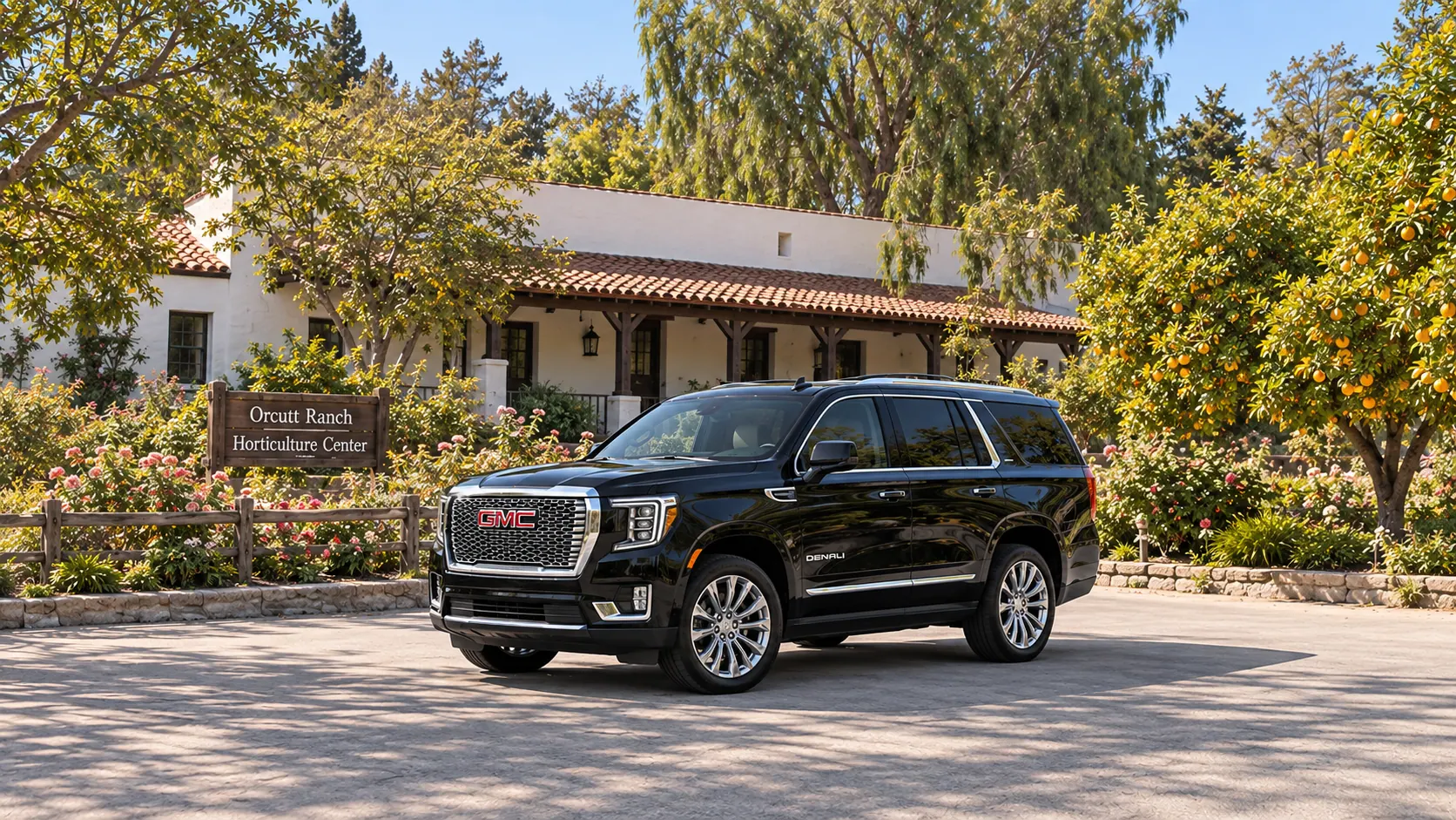 Illustration of a black SUV in a West Hills destination scene