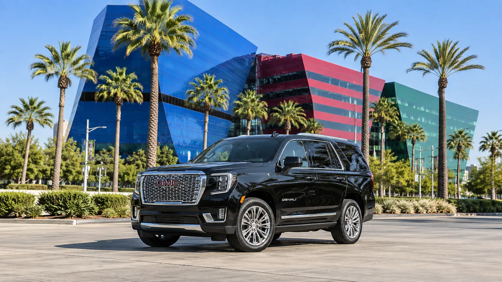 Illustration of a black SUV in a West Hollywood destination scene
