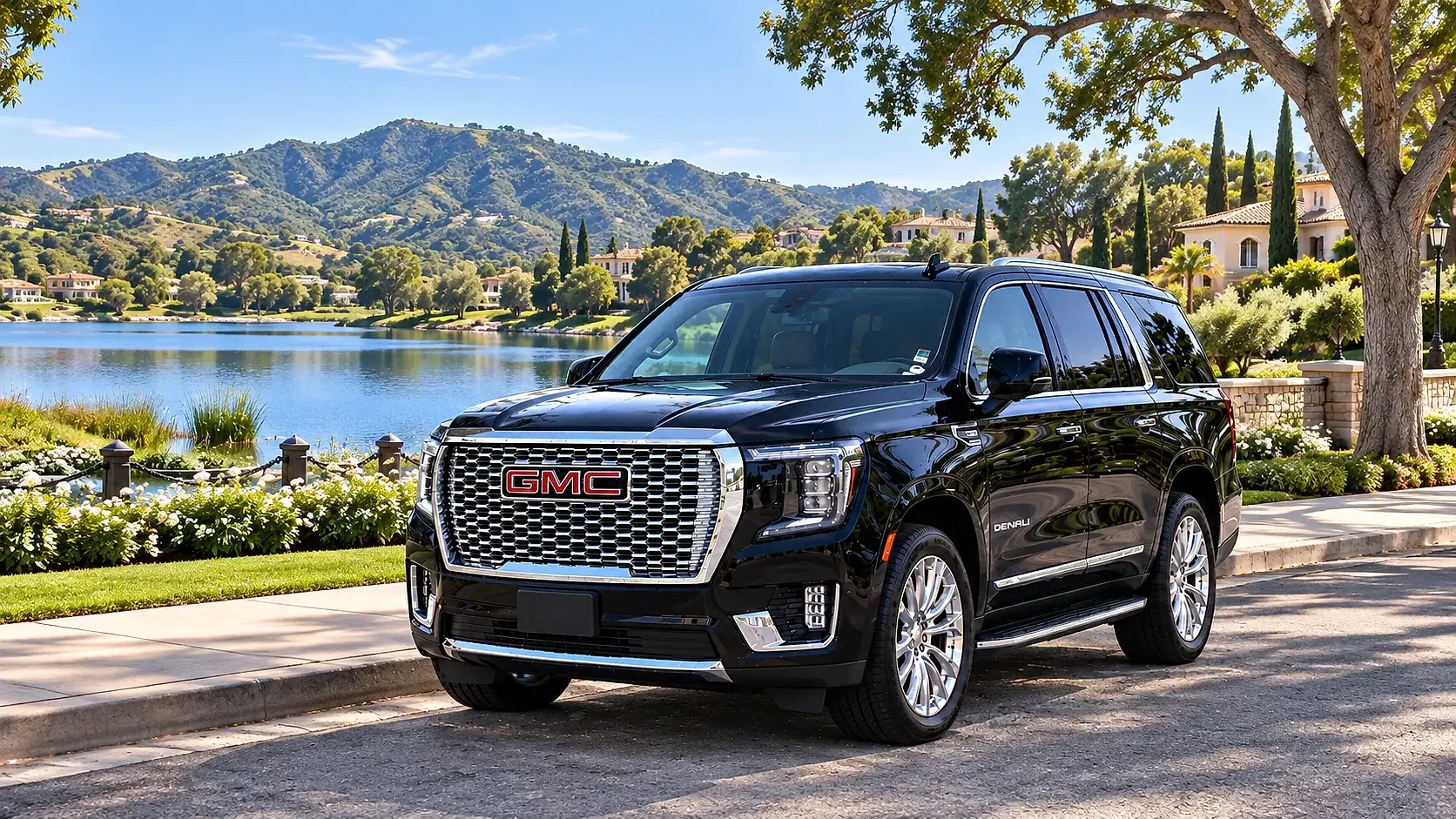 Illustration of a black SUV in a Westlake Village destination scene