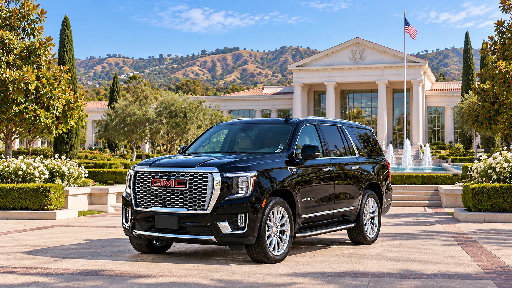Illustration of a black SUV in a Yorba Linda destination scene