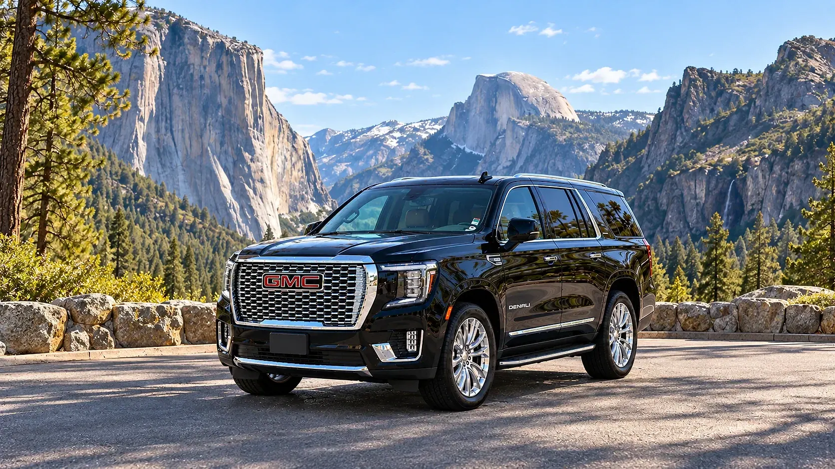 Illustration of a black SUV in a Yosemite destination scene