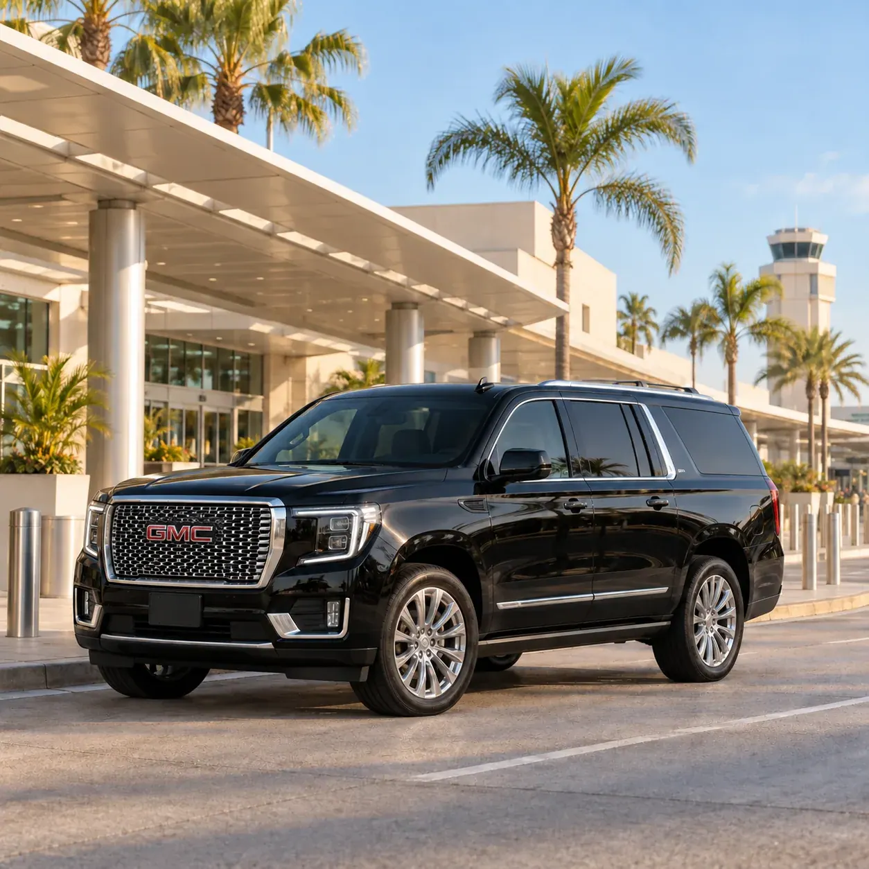Destination illustration: Black full-size SUV at John Wayne Airport for private SNA to Disneyland transportation