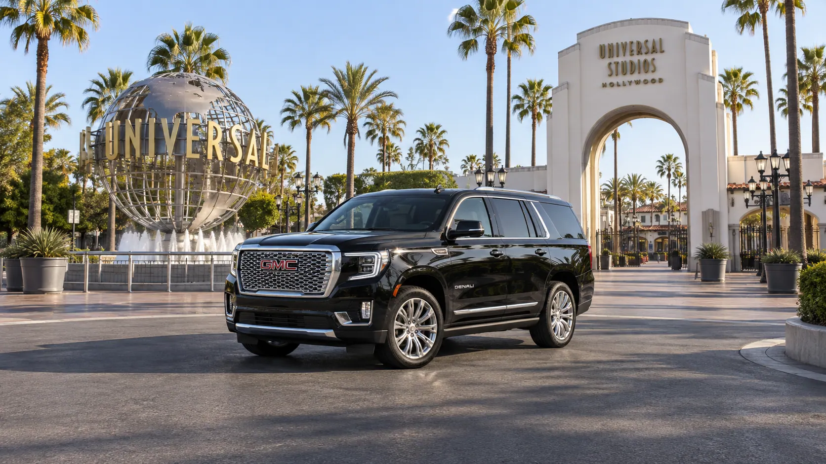 Destination illustration: black GMC Yukon Denali at the Universal Studios Hollywood entrance