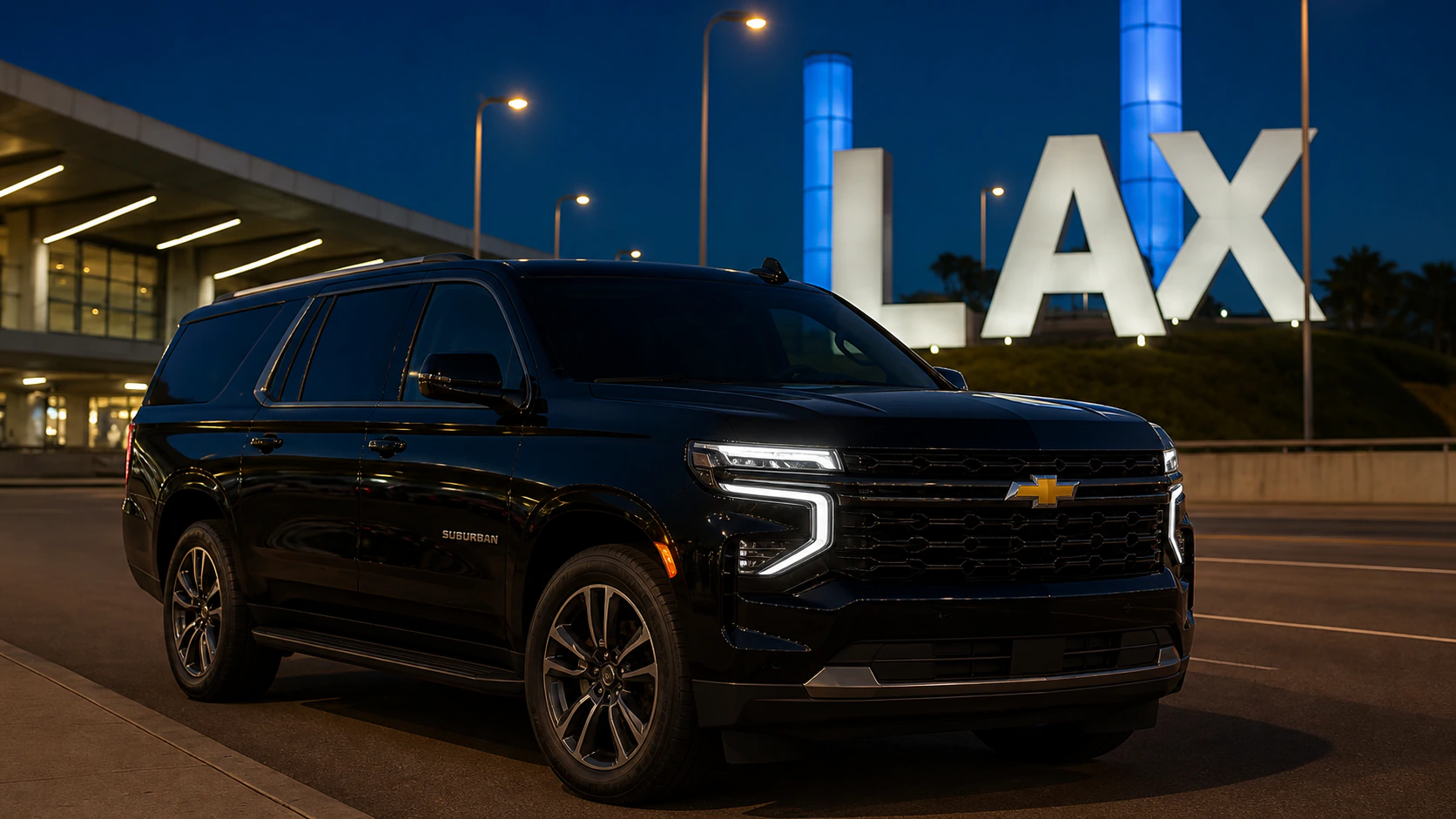 Black Chevrolet Suburban by the illuminated LAX sign at night