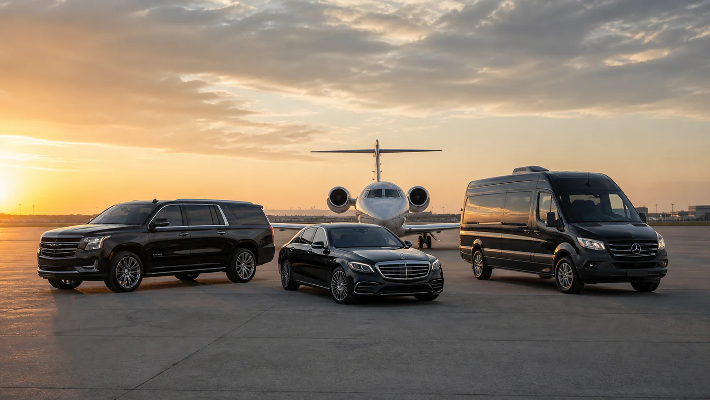 Black Suburban Mercedes-Benz S-Class and Sprinter positioned beside a private aircraft at sunset