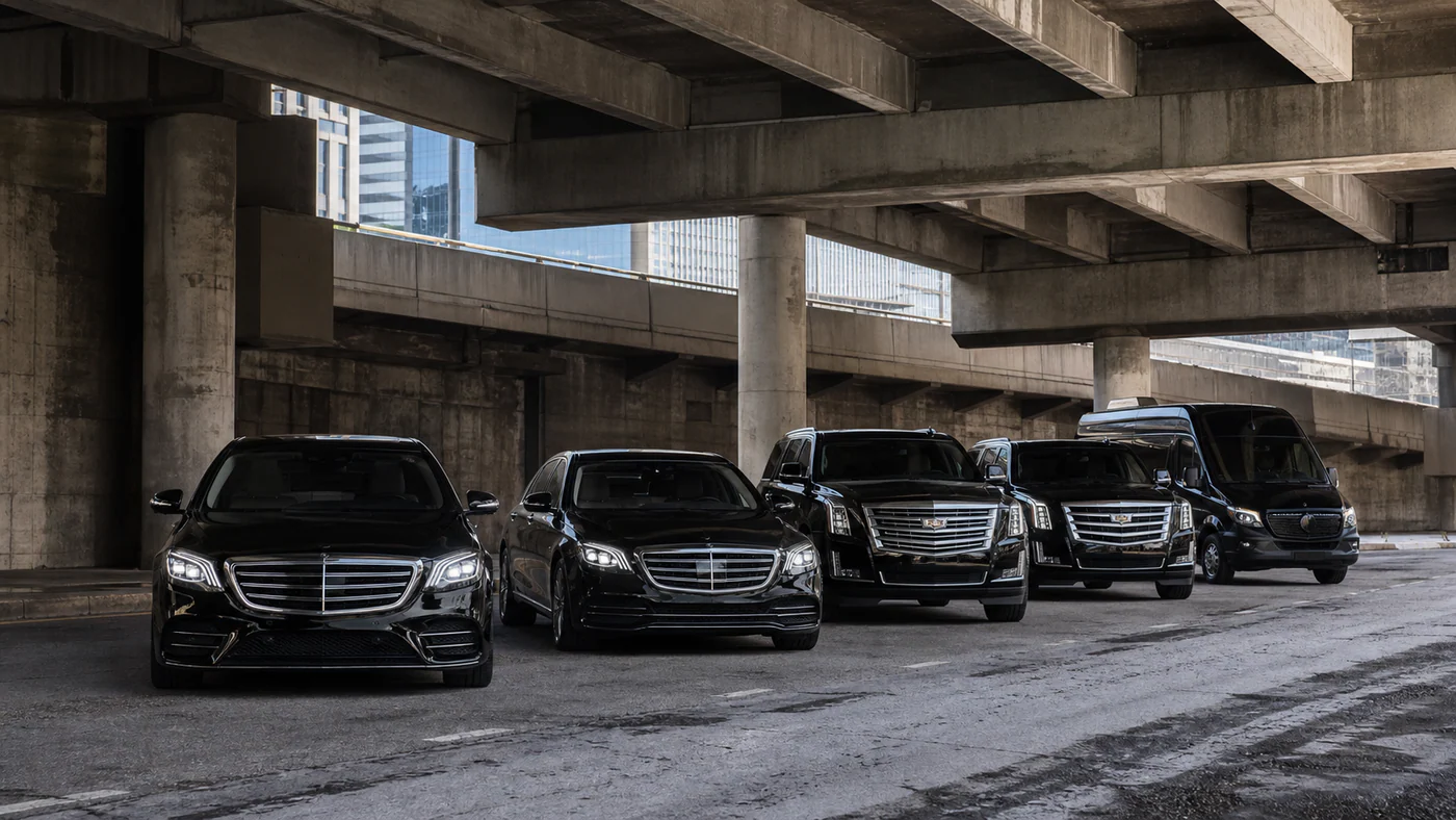 Black sedans SUVs and Mercedes-Benz Sprinter arranged for executive and group transportation