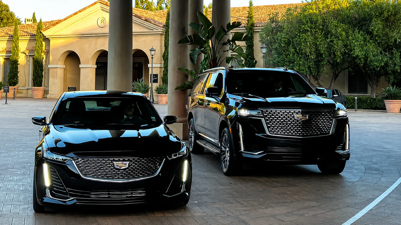 Black Cadillac sedan and Escalade positioned for an executive arrival