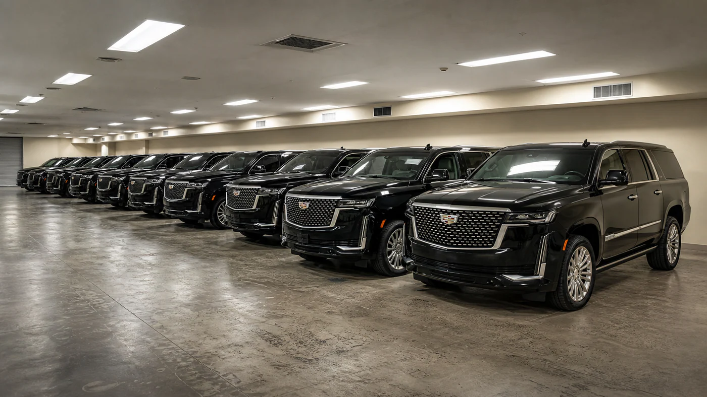 Actual Gate and Mile fleet of black Cadillac Escalades lined up indoors for private transportation service