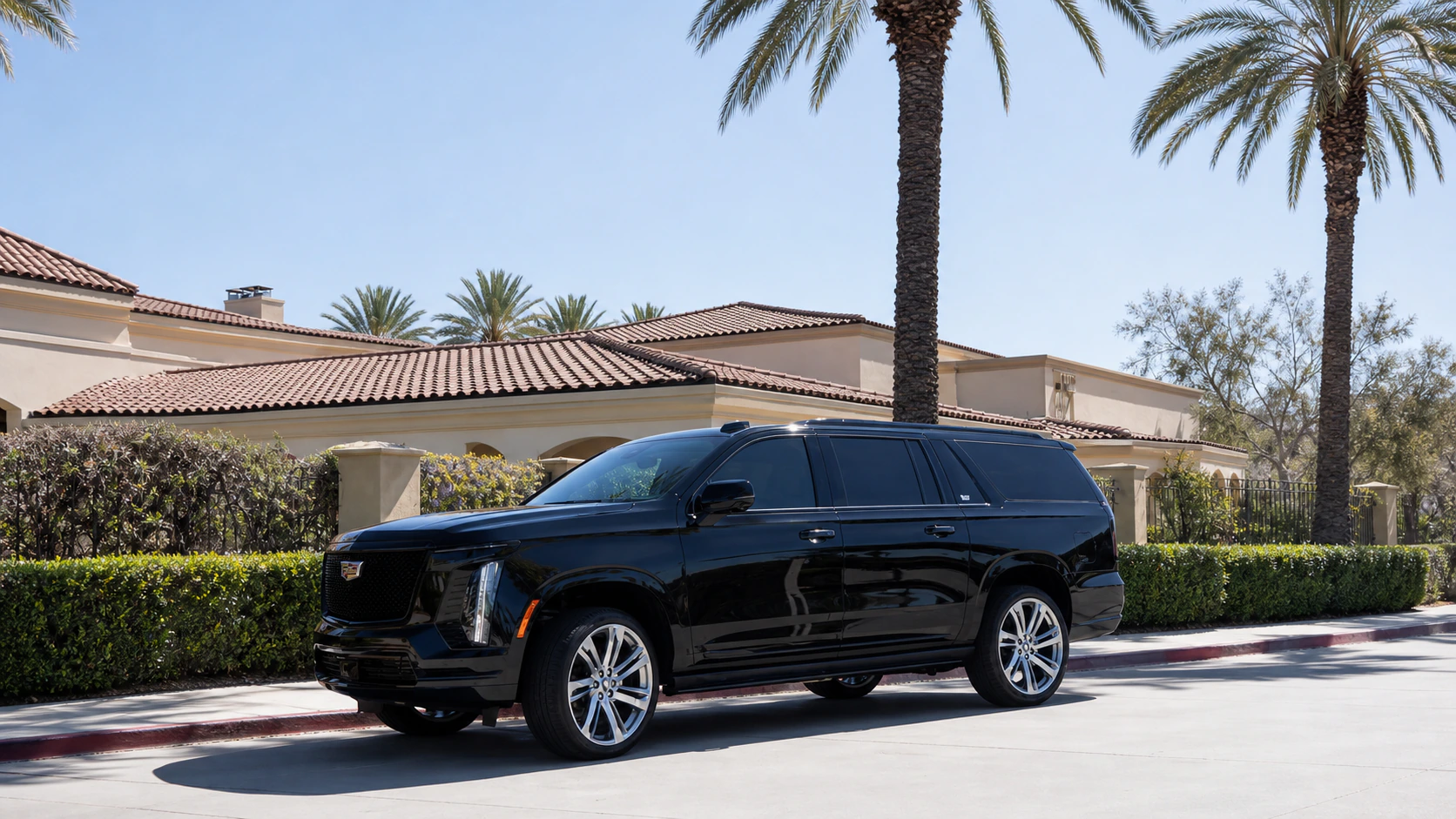 Black Cadillac Escalade ESV outside a palm-lined estate for Hollywood Burbank Airport car service