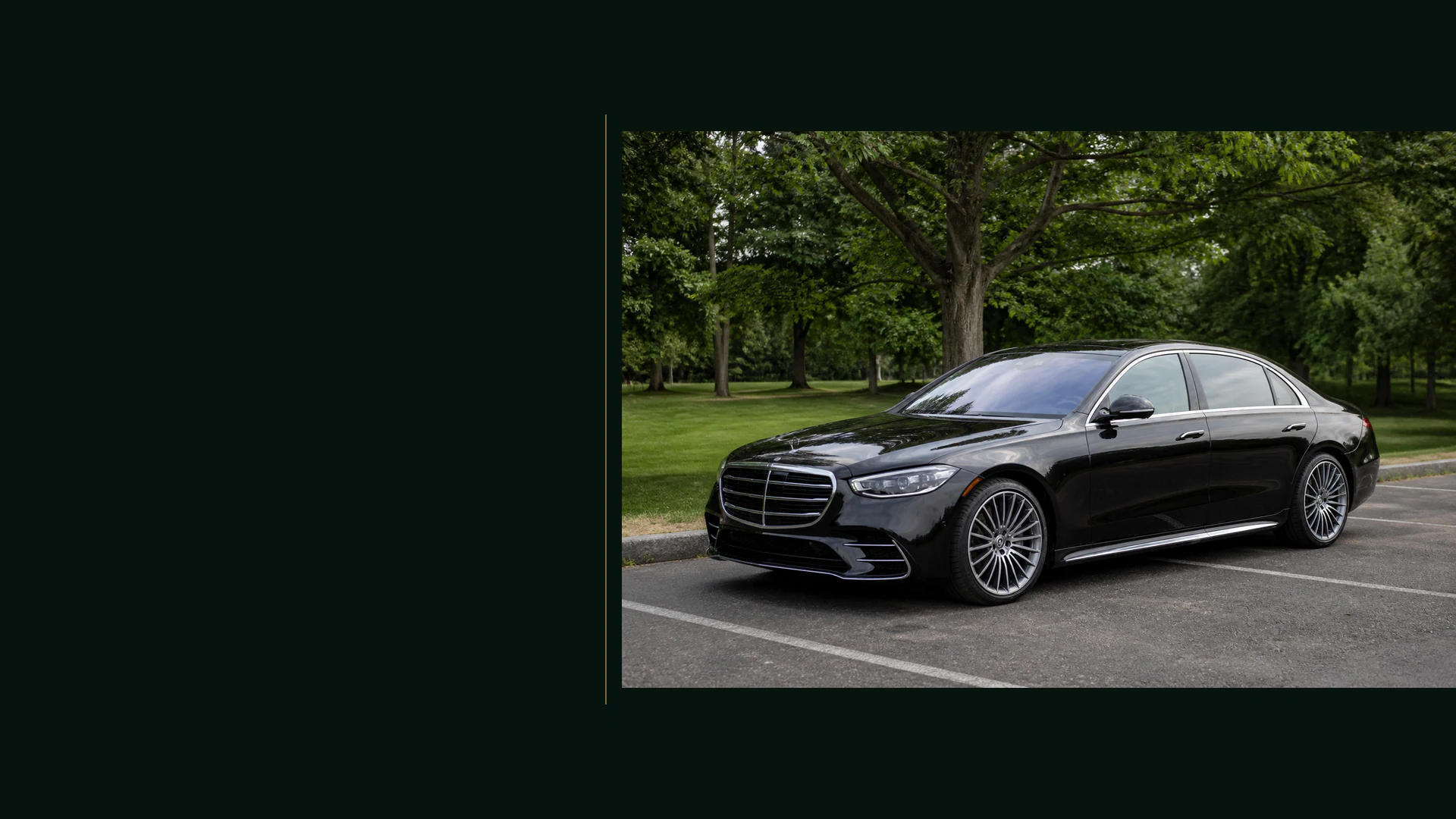 Black Mercedes-Benz S580 photographed in a park setting for corporate event transportation in Los Angeles