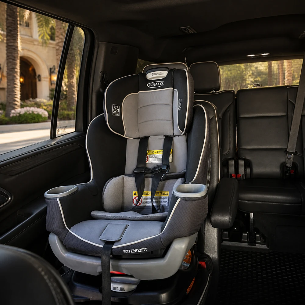 Child safety seat installed in the second row of a black full-size SUV