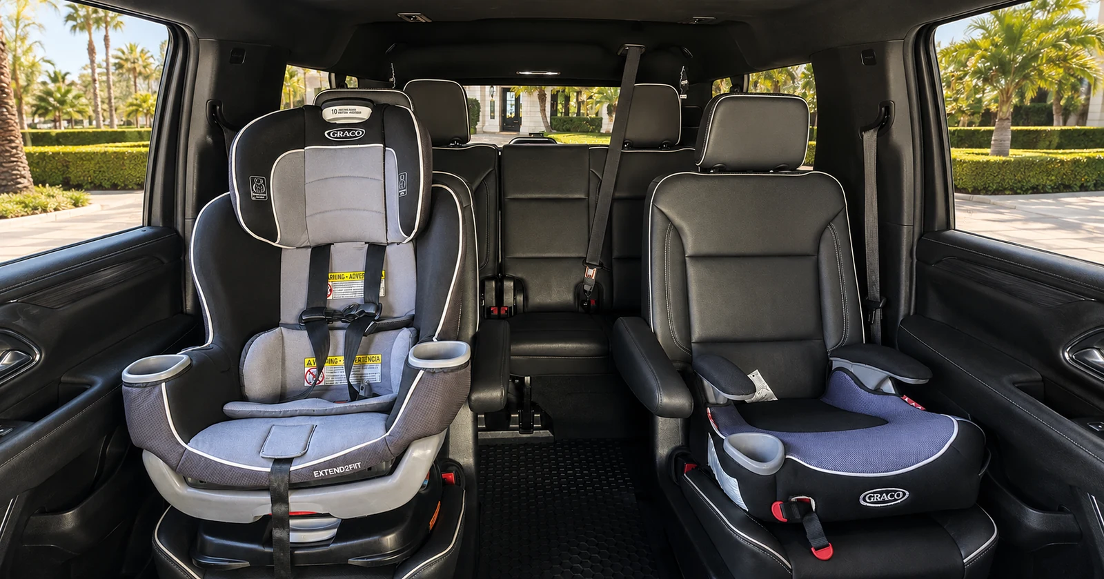 Full-size luxury SUV with a child safety seat and booster seat installed for family transportation