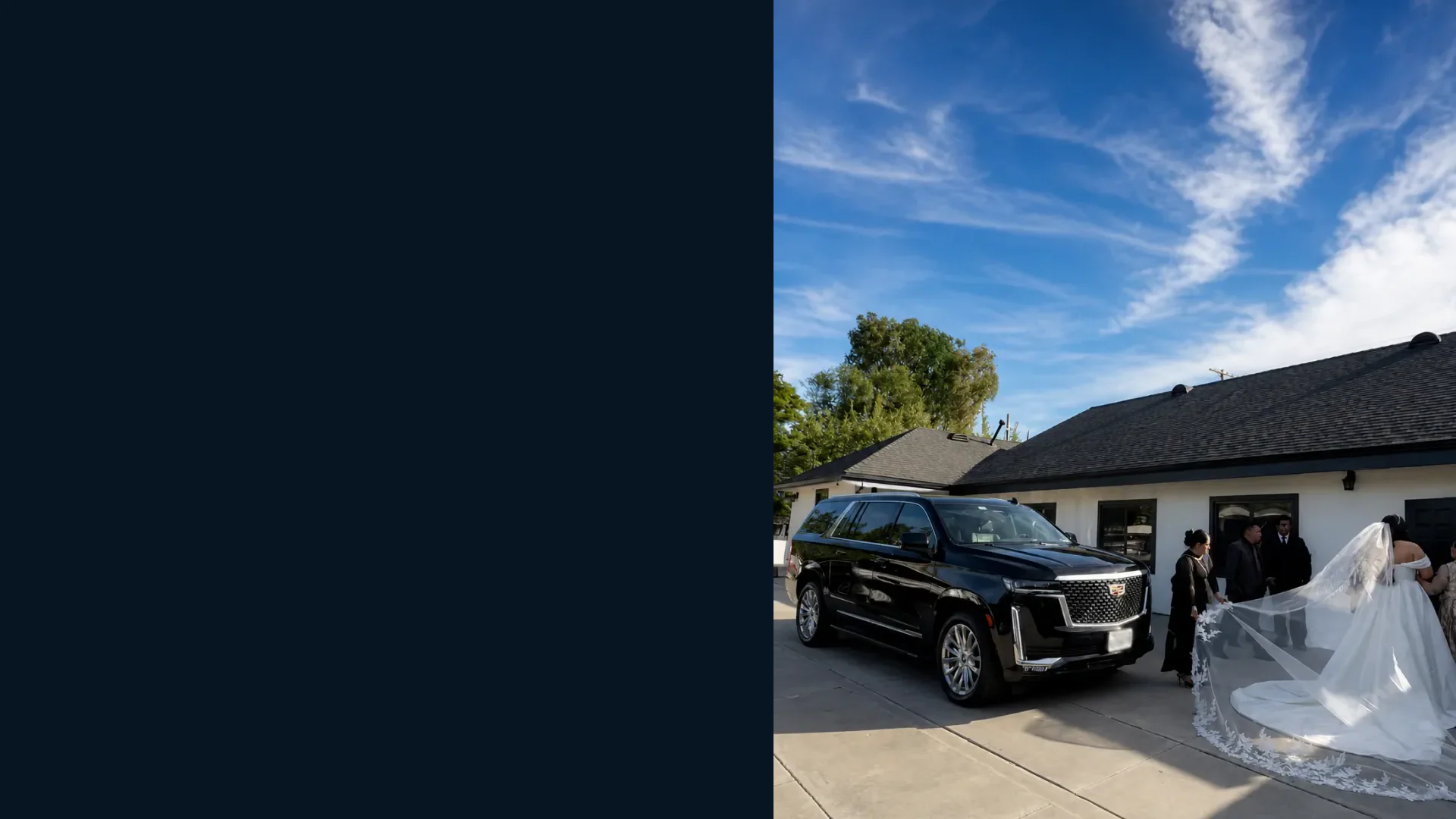 Black Cadillac Escalade beside a bride and wedding party for Los Angeles wedding transportation